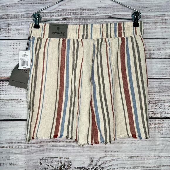 Royalty For Me Linen Blend Striped Shorts Medium Raw Frayed Hem NEW - Picture 2 of 8